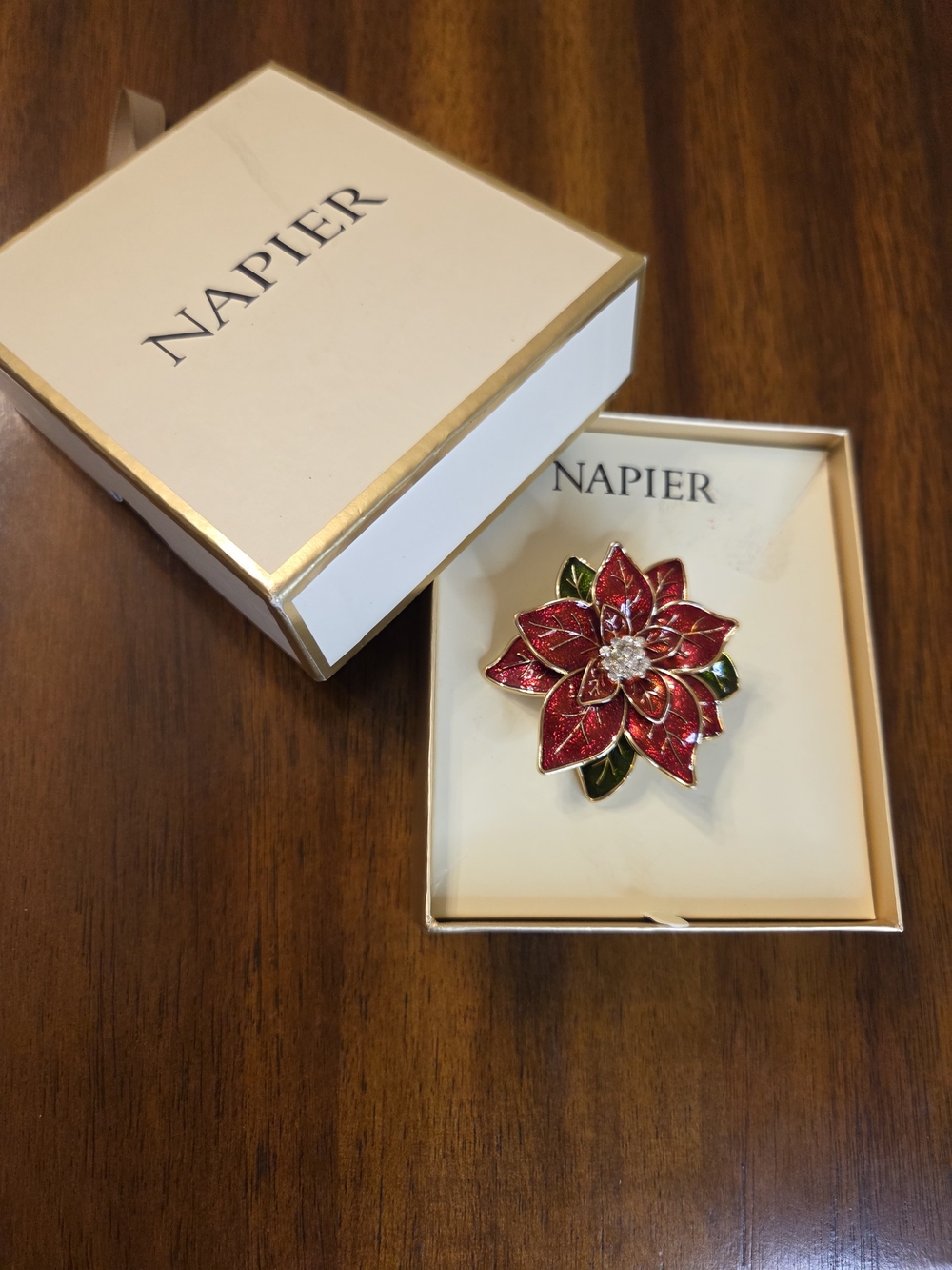 NIB Napier Enamel Red Poinsettia Flower Christmas Holiday Brooch Pin
